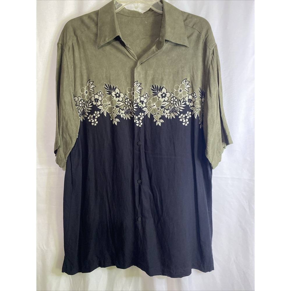 Unbranded Hawaiian Button Down Shirt Mens XL Olive Green Black Floral Excellent